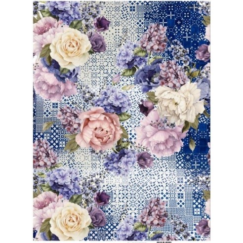 PAPEL ARROZ A3 738 COLLAGE ORTENSIAS Y ROSAS AZUL