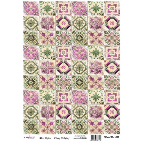 PAPEL ARROZ A3 MINI BALDOSAS VERDES ROSAS